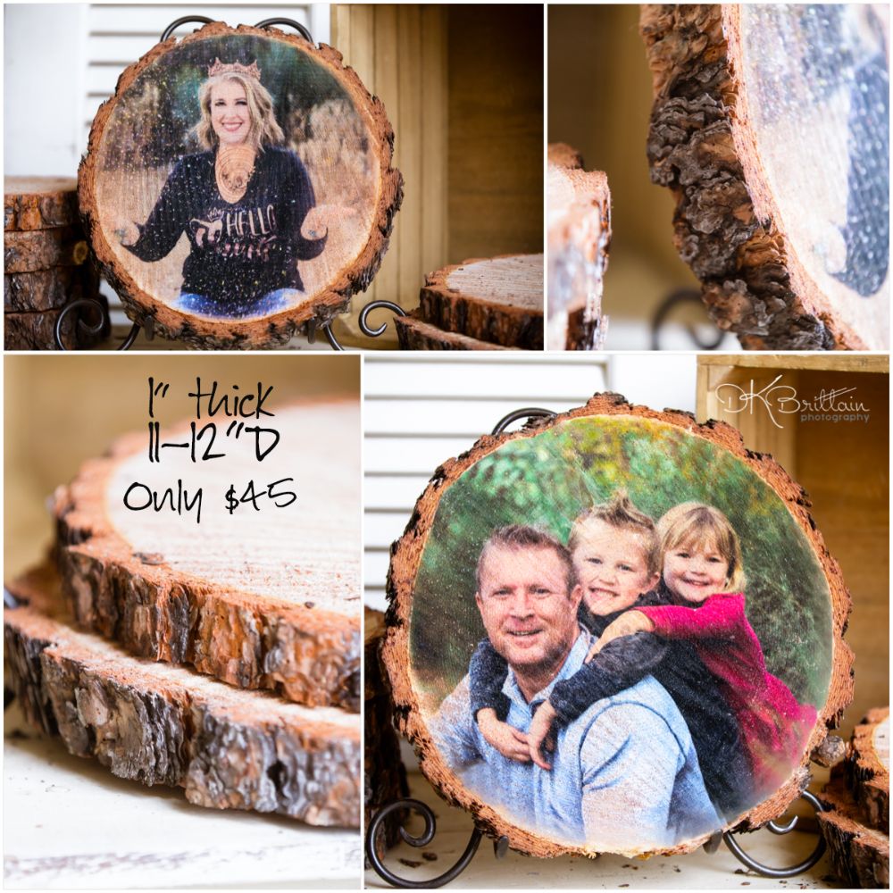 Digital prints on wooden round pines with bark!
